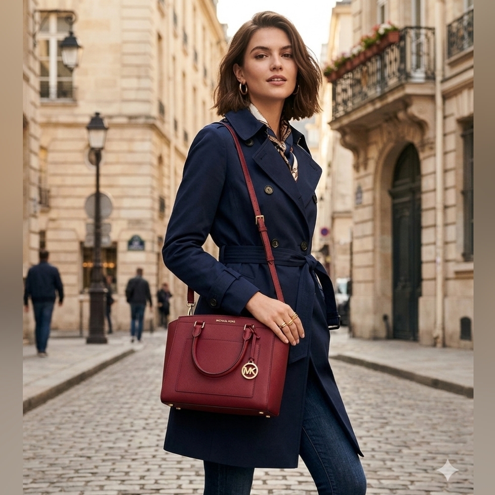 Michael Kors Berry Leather Satchel with Gold-Tone MK Charm